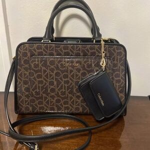 Calvin Klein Brown and Black Satchel with Monogram Pattern